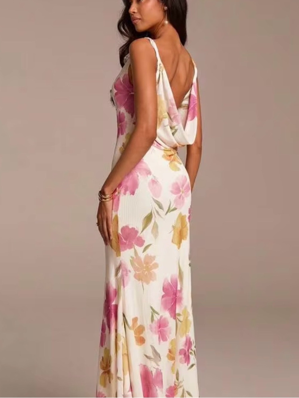 Floral Cowl-Back Maxi Dress in White with Pink and Yellow Blooms